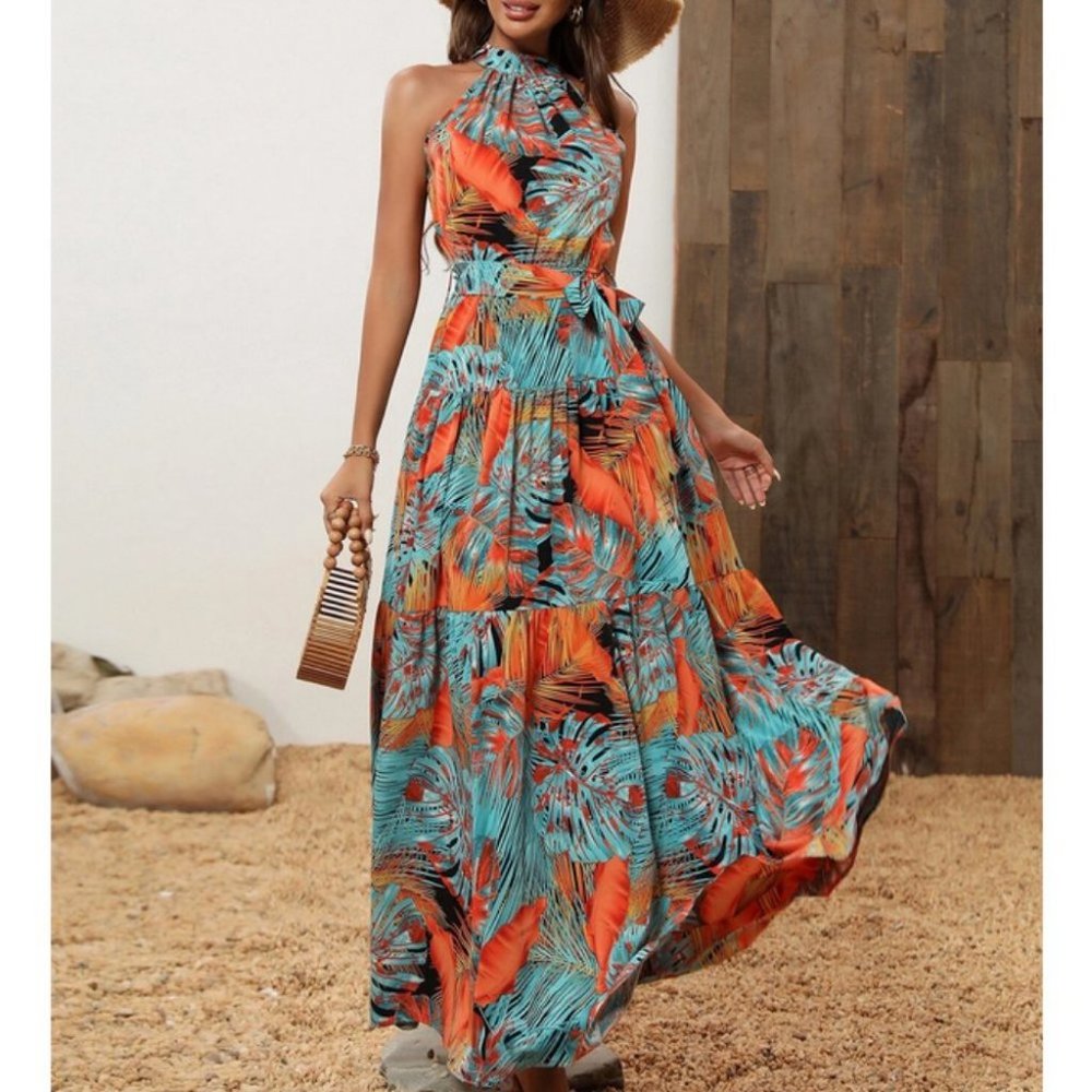 Tropical Palm Print Belted Halter Maxi Dress - Picture 3 of 8